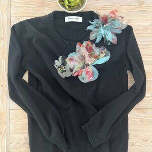 Prabal Gurung Black Cashmere Sweater w/ Floral Crystal Appliqués Sz S